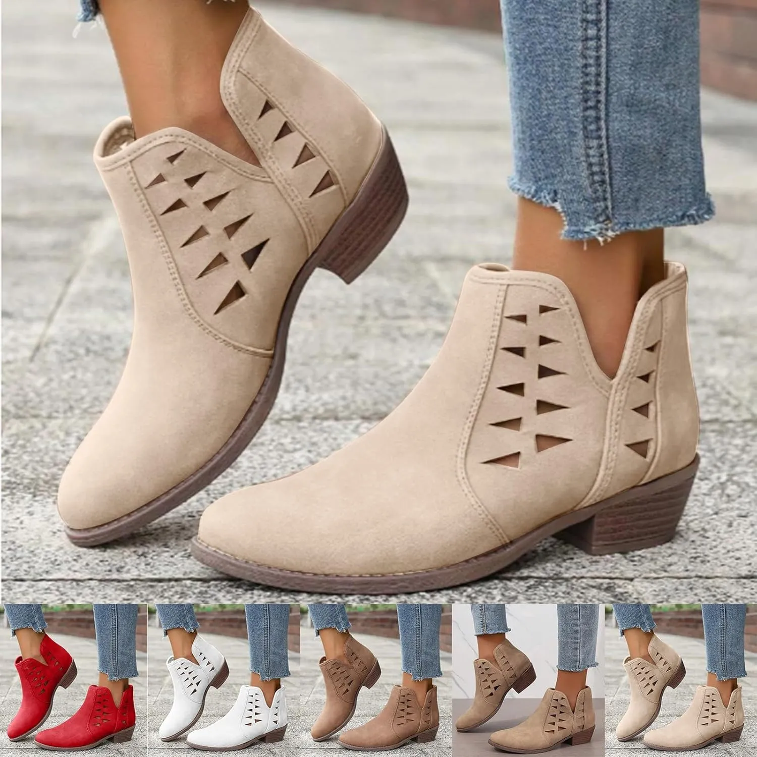Ankle Boots for Women Low Heel Cowboy Boots V Cut Suede Retro Western Pointed Toe Chunky Heels Womens Ankle Boots