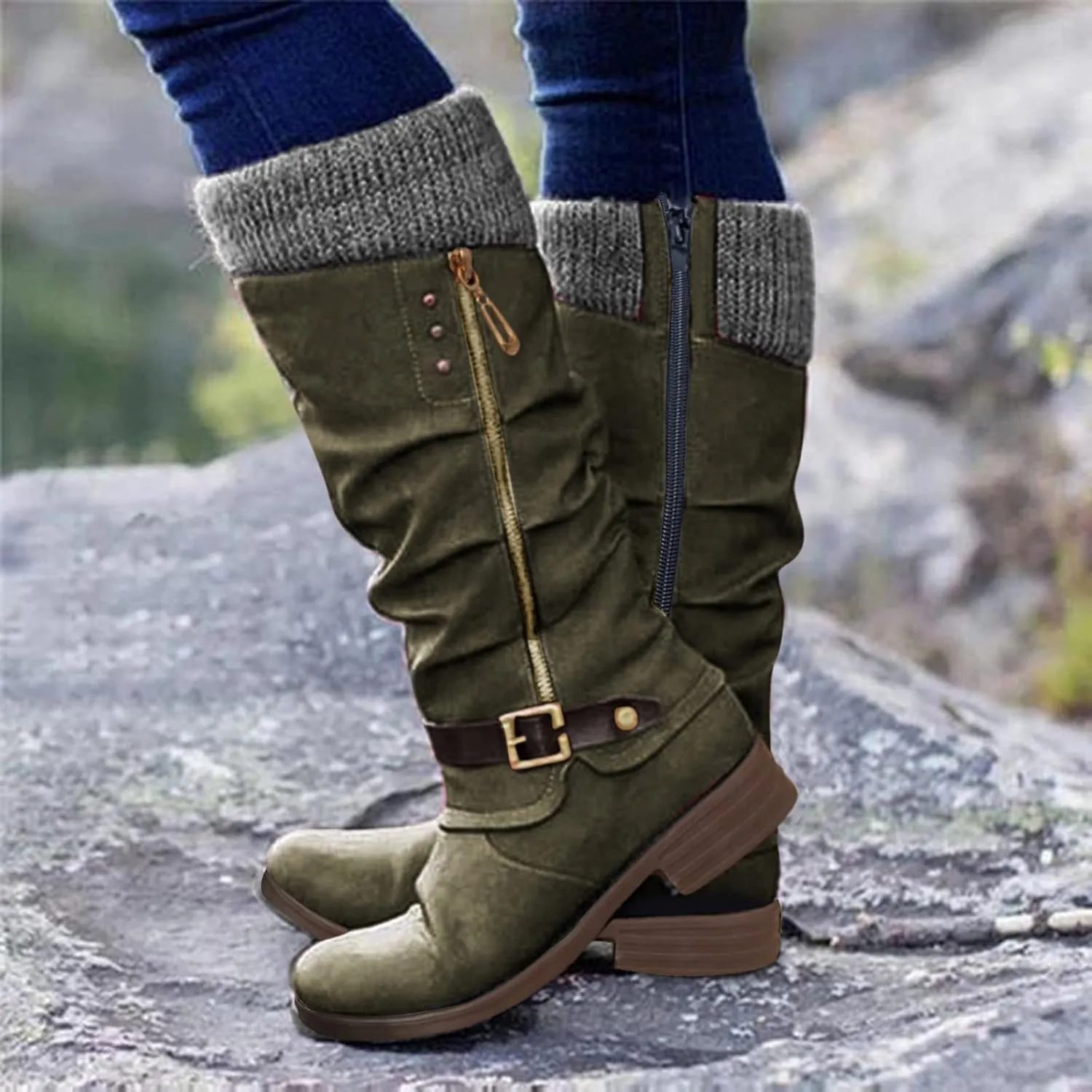 Ankle Boots For Women Suede Zipper Thigh High Boots Low Heels Knee High Boots Over Knee Tall Long Bootie