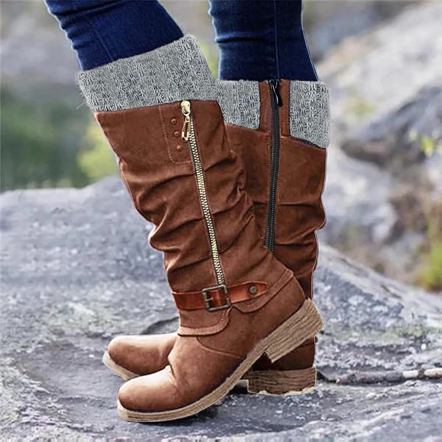 Ankle Boots For Women Suede Zipper Thigh High Boots Low Heels Knee High Boots Over Knee Tall Long Bootie