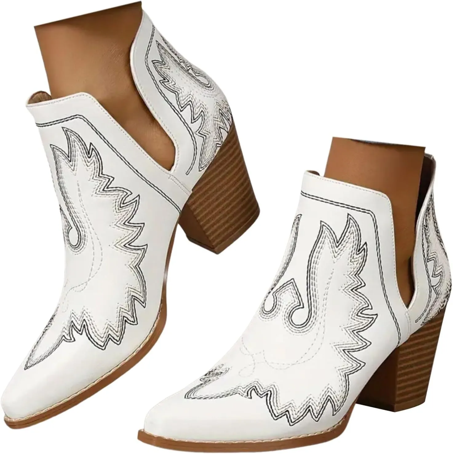 Ankle Boots Women Cowboy Boots Chunky Heels Boots for Women Pull on Squared Heels Pointed Toe Fashion Women Boots