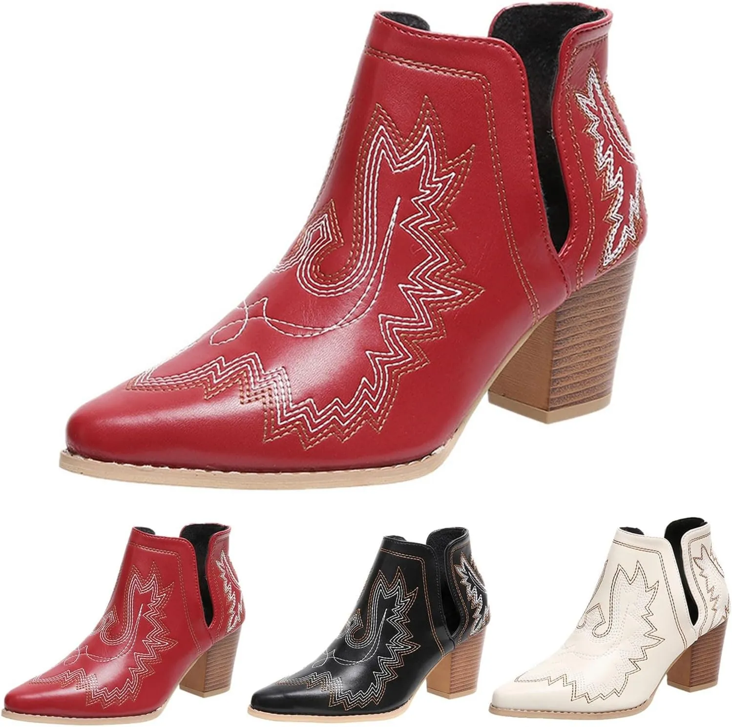Ankle Boots Women Cowboy Boots Chunky Heels Boots for Women Pull on Squared Heels Pointed Toe Fashion Women Boots
