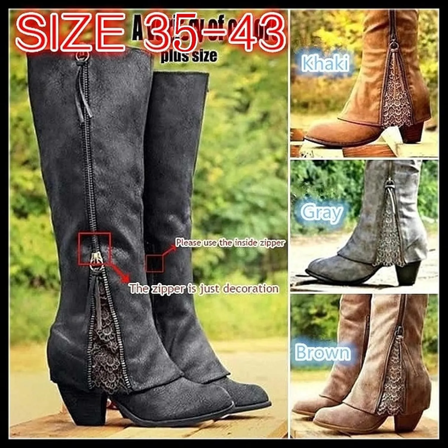 Bcshiye Women's Cowboy Boots Fashion Round Toe Low Heel Riding Boots Knee High Knight Boots Side Zipper Western Boots