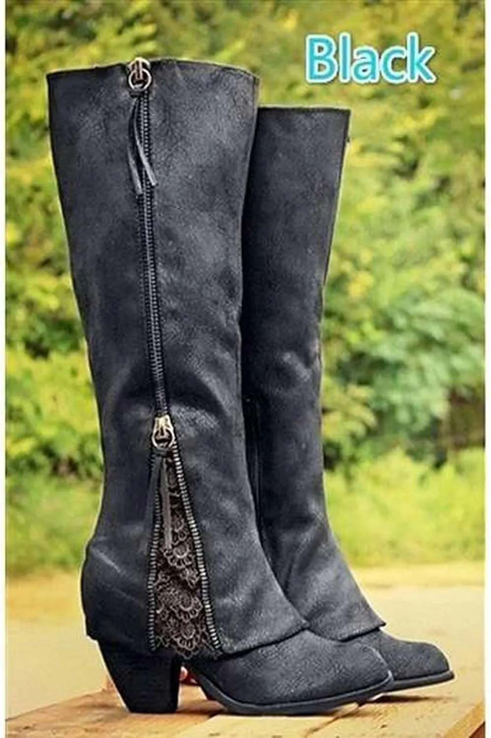 Bcshiye Women's Cowboy Boots Fashion Round Toe Low Heel Riding Boots Knee High Knight Boots Side Zipper Western Boots