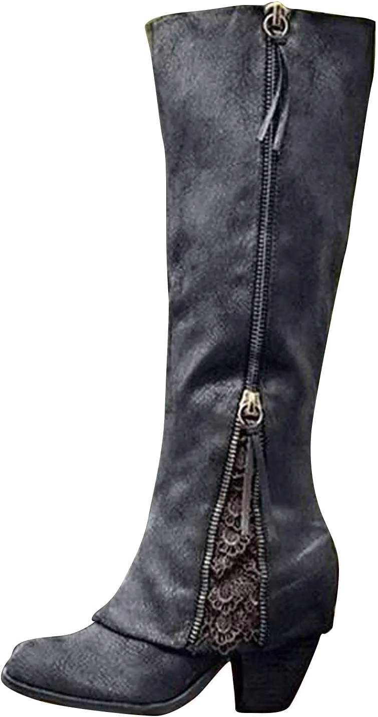 Bcshiye Women's Cowboy Boots Fashion Round Toe Low Heel Riding Boots Knee High Knight Boots Side Zipper Western Boots