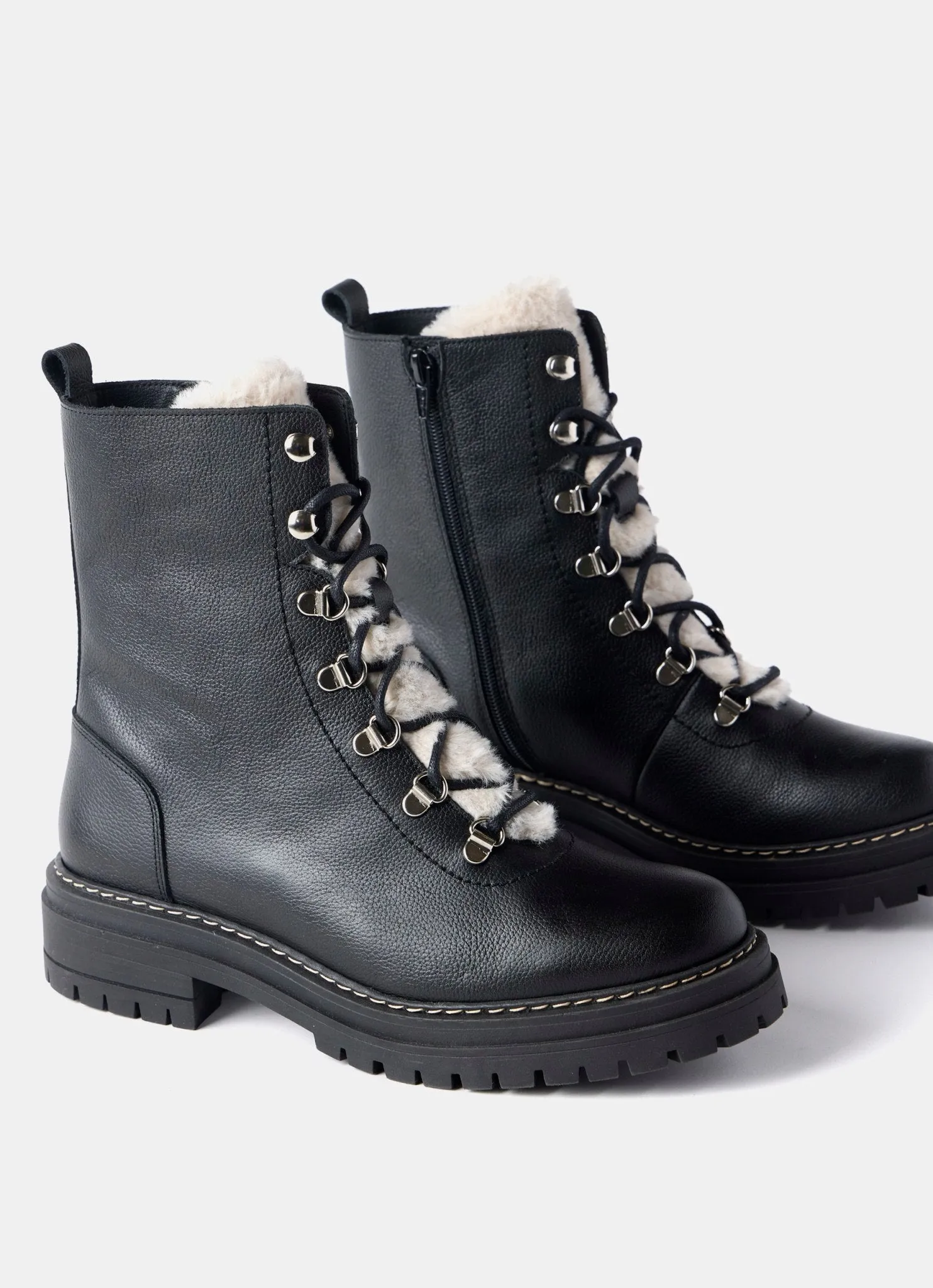 Black Leather Borg Hiking Boots
