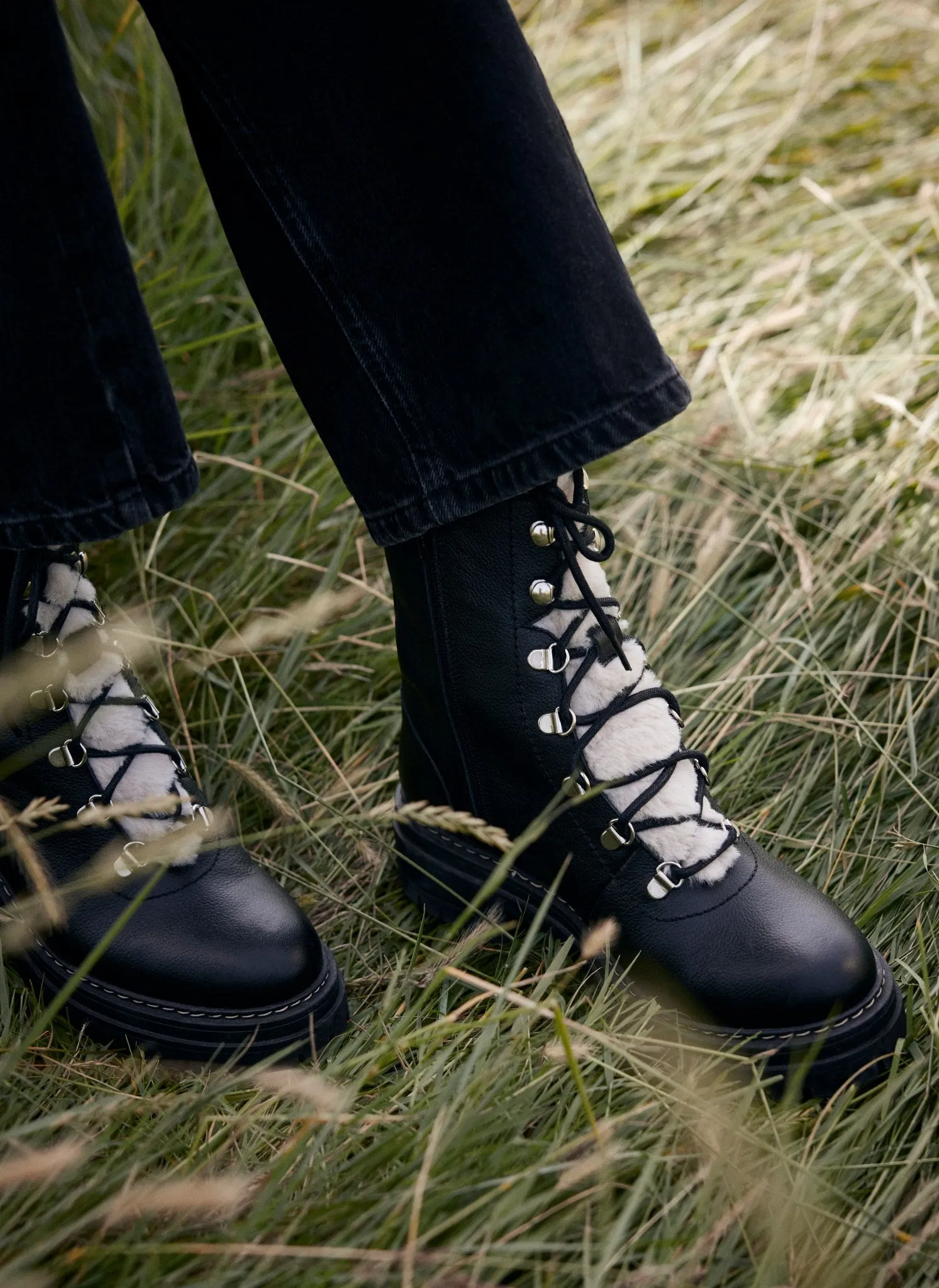 Black Leather Borg Hiking Boots