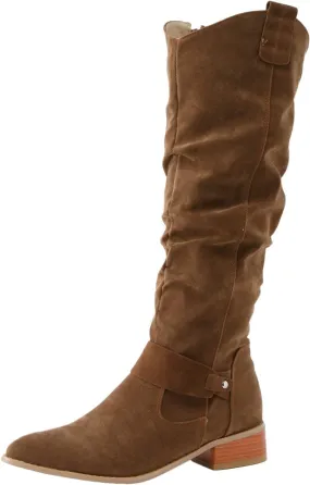 Combat Boots Womens Retro Solid Color Thigh High Boots Pleated Suede Chunky Heeled Knee High Cowgirl Boots