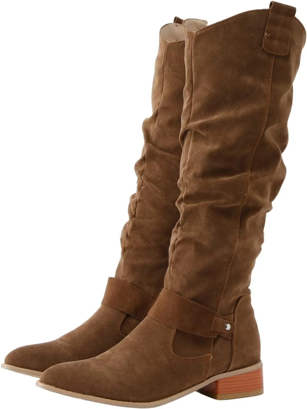 Combat Boots Womens Retro Solid Color Thigh High Boots Pleated Suede Chunky Heeled Knee High Cowgirl Boots