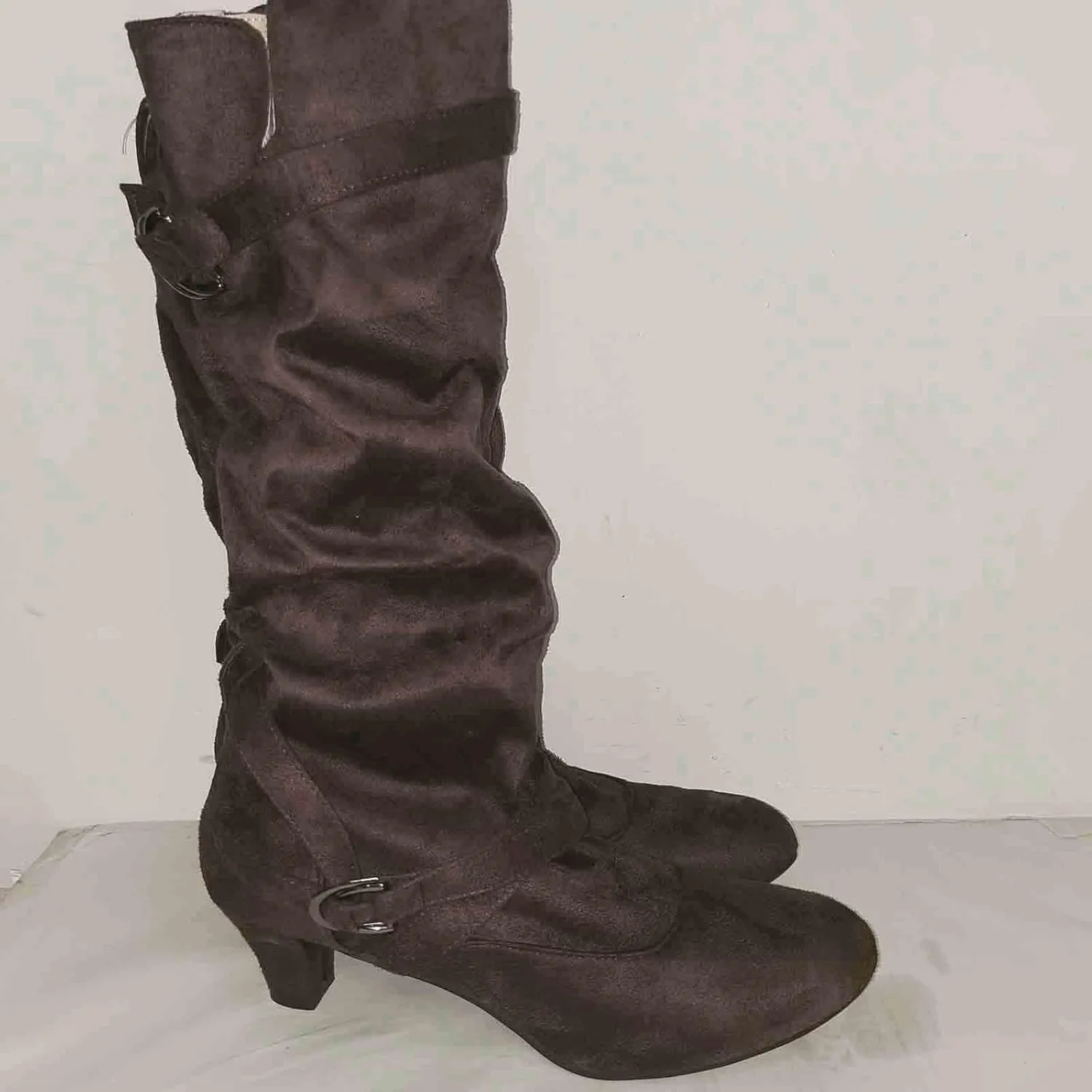 Cowboy Boots For Women Suede Cross Belt Thigh High Boots Low Heeled Pull On Knee High Boots Mid Calf Bootie