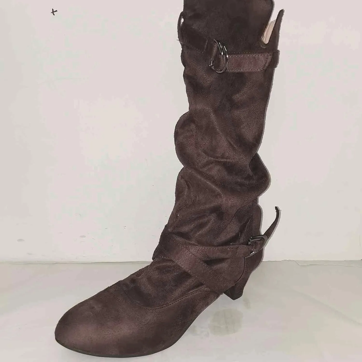 Cowboy Boots For Women Suede Cross Belt Thigh High Boots Low Heeled Pull On Knee High Boots Mid Calf Bootie
