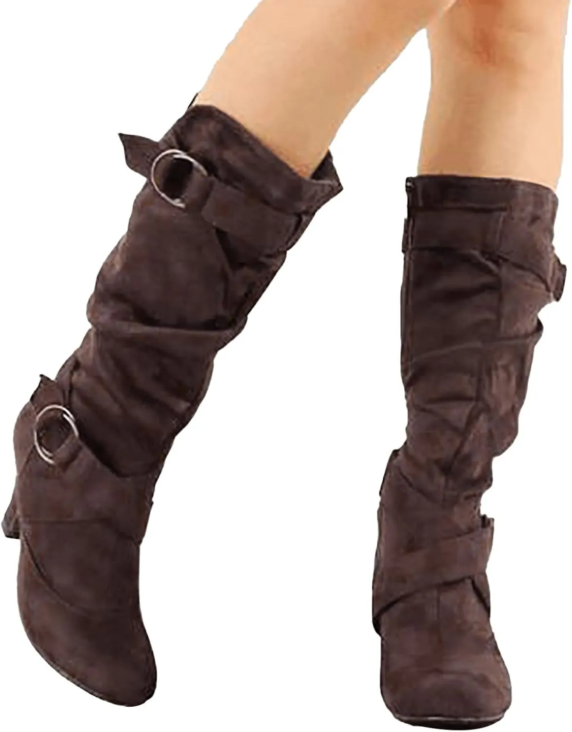 Cowboy Boots For Women Suede Cross Belt Thigh High Boots Low Heeled Pull On Knee High Boots Mid Calf Bootie