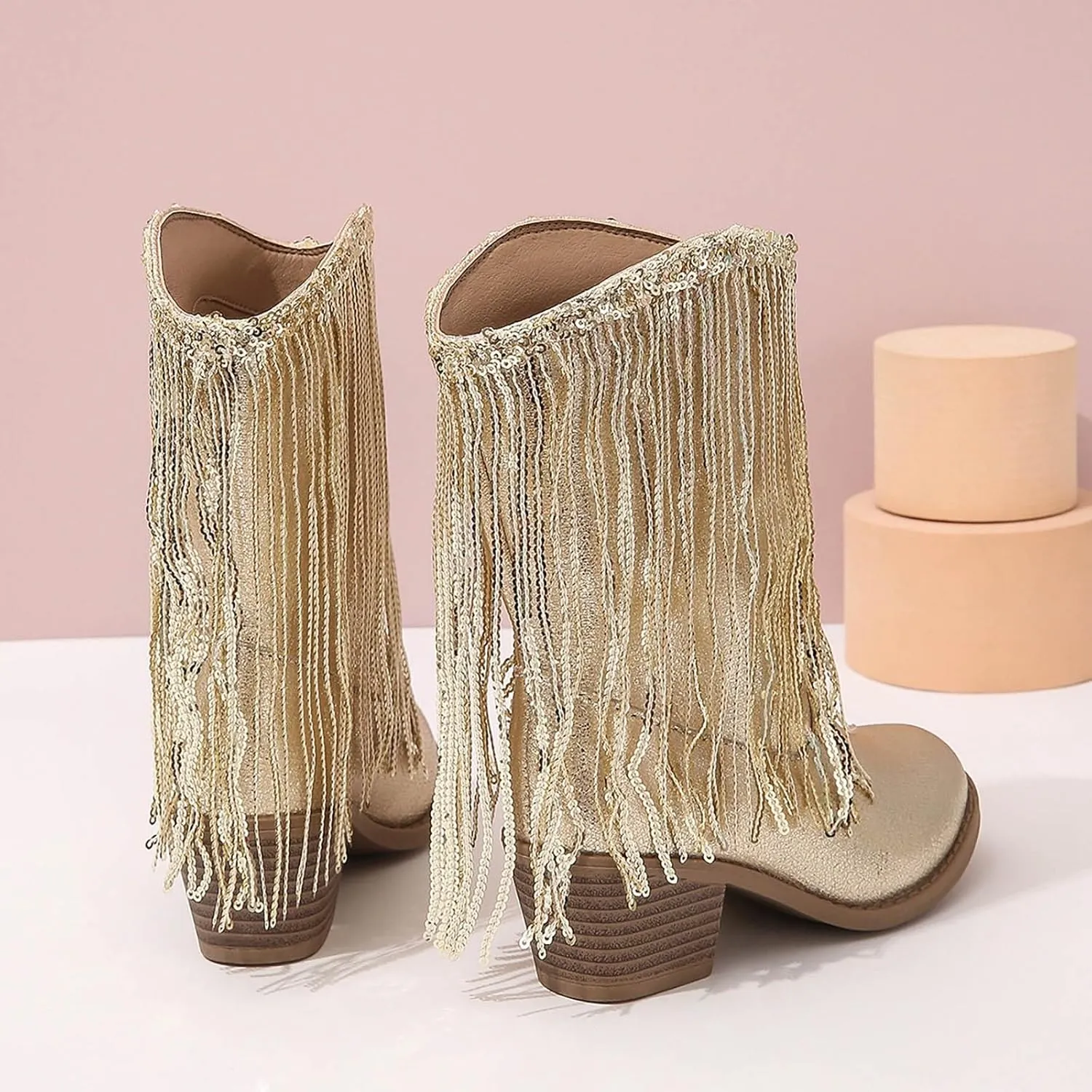 Cowgirl Boots for Girls Western Cowboy Boots Mid Calf Riding Shoes Glitter Fringe Mid Calf Boots with Block Low Heels