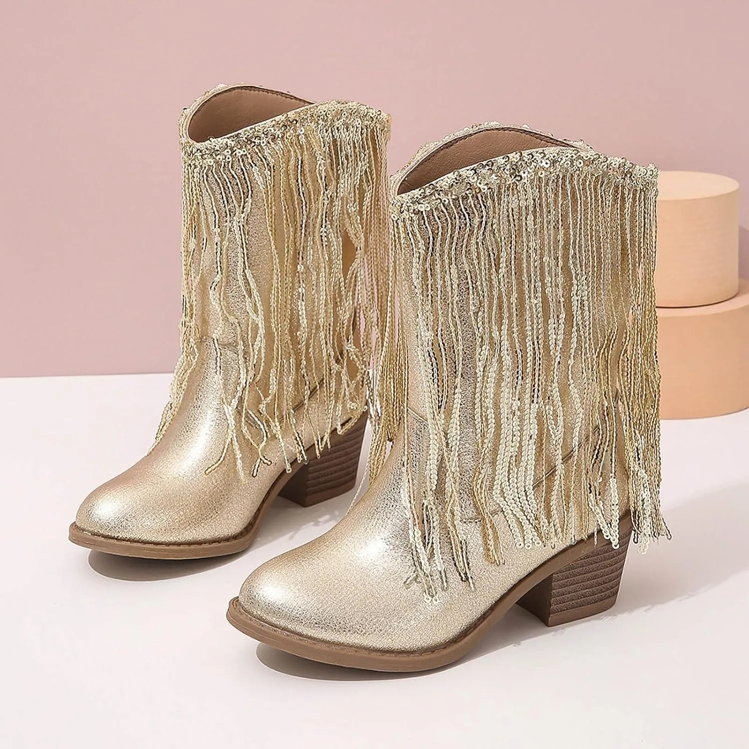 Cowgirl Boots for Girls Western Cowboy Boots Mid Calf Riding Shoes Glitter Fringe Mid Calf Boots with Block Low Heels