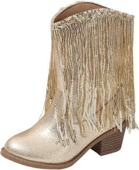 Cowgirl Boots for Girls Western Cowboy Boots Mid Calf Riding Shoes Glitter Fringe Mid Calf Boots with Block Low Heels