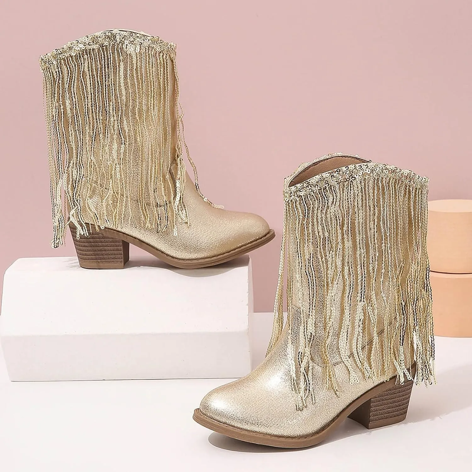 Cowgirl Boots for Girls Western Cowboy Boots Mid Calf Riding Shoes Glitter Fringe Mid Calf Boots with Block Low Heels