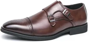 Dress Oxford for Men Slip On Square Burnished Toe Brogue Cap Toe Double Monk Strap Vegan Leather Low Top Non Slip Rubber Sole Slip Resistant Working