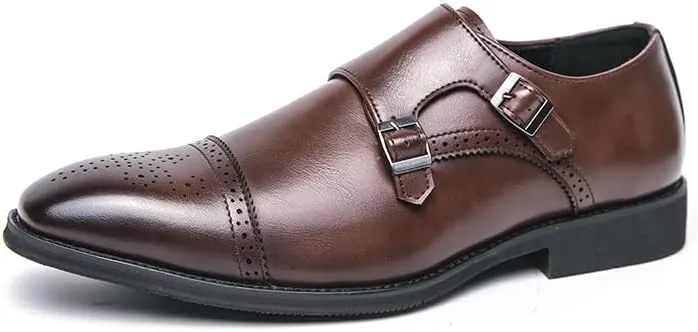 Dress Oxford for Men Slip On Square Burnished Toe Brogue Cap Toe Double Monk Strap Vegan Leather Low Top Non Slip Rubber Sole Slip Resistant Working