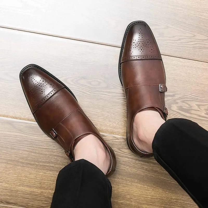 Dress Oxford for Men Slip On Square Burnished Toe Brogue Cap Toe Double Monk Strap Vegan Leather Low Top Non Slip Rubber Sole Slip Resistant Working