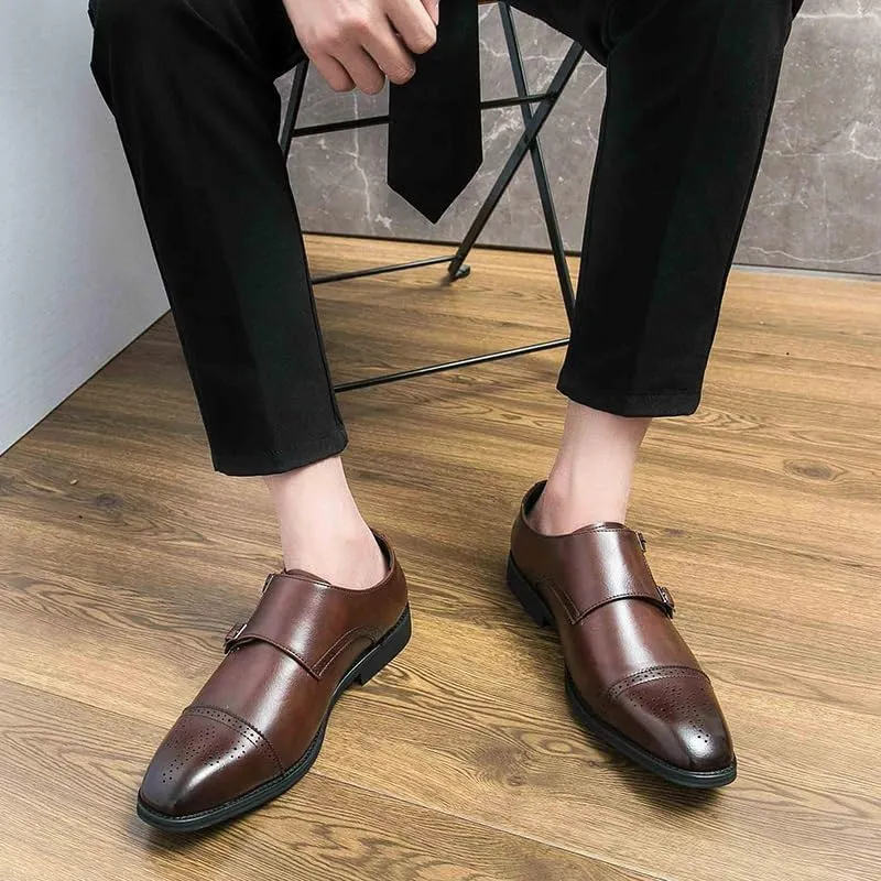 Dress Oxford for Men Slip On Square Burnished Toe Brogue Cap Toe Double Monk Strap Vegan Leather Low Top Non Slip Rubber Sole Slip Resistant Working