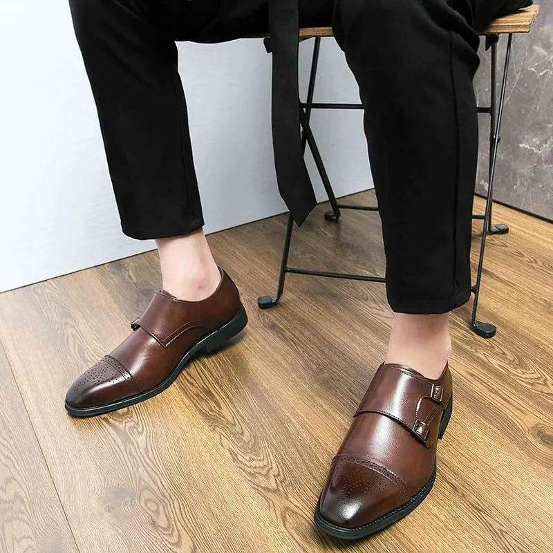 Dress Oxford for Men Slip On Square Burnished Toe Brogue Cap Toe Double Monk Strap Vegan Leather Low Top Non Slip Rubber Sole Slip Resistant Working