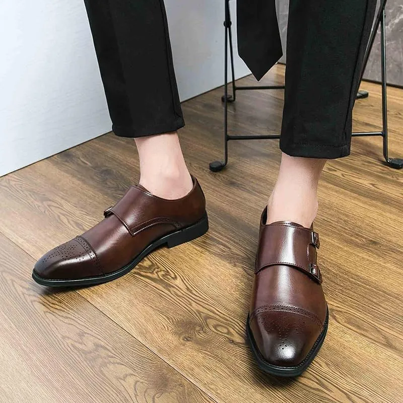 Dress Oxford for Men Slip On Square Burnished Toe Brogue Cap Toe Double Monk Strap Vegan Leather Low Top Non Slip Rubber Sole Slip Resistant Working