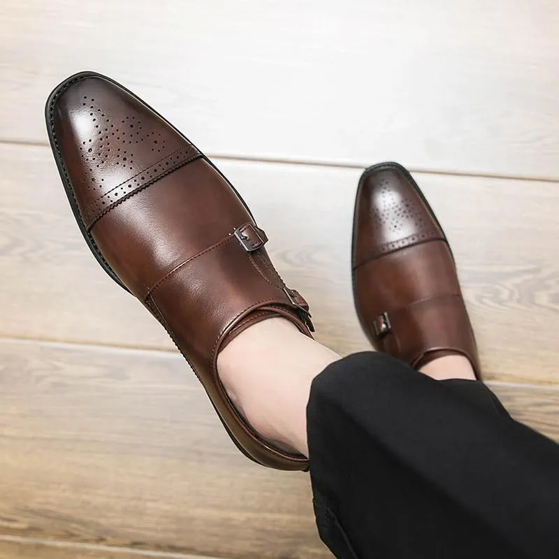 Dress Oxford for Men Slip On Square Burnished Toe Brogue Cap Toe Double Monk Strap Vegan Leather Low Top Non Slip Rubber Sole Slip Resistant Working