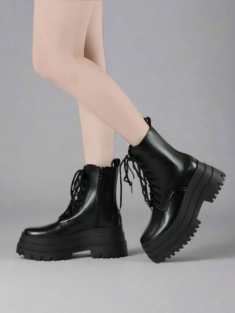 Edgy Lace-Up Combat Boots with Chunky Platform - Black