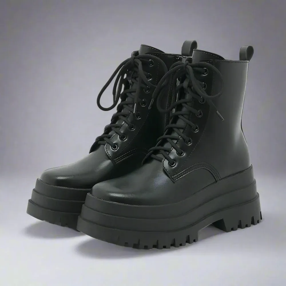 Edgy Lace-Up Combat Boots with Chunky Platform - Black