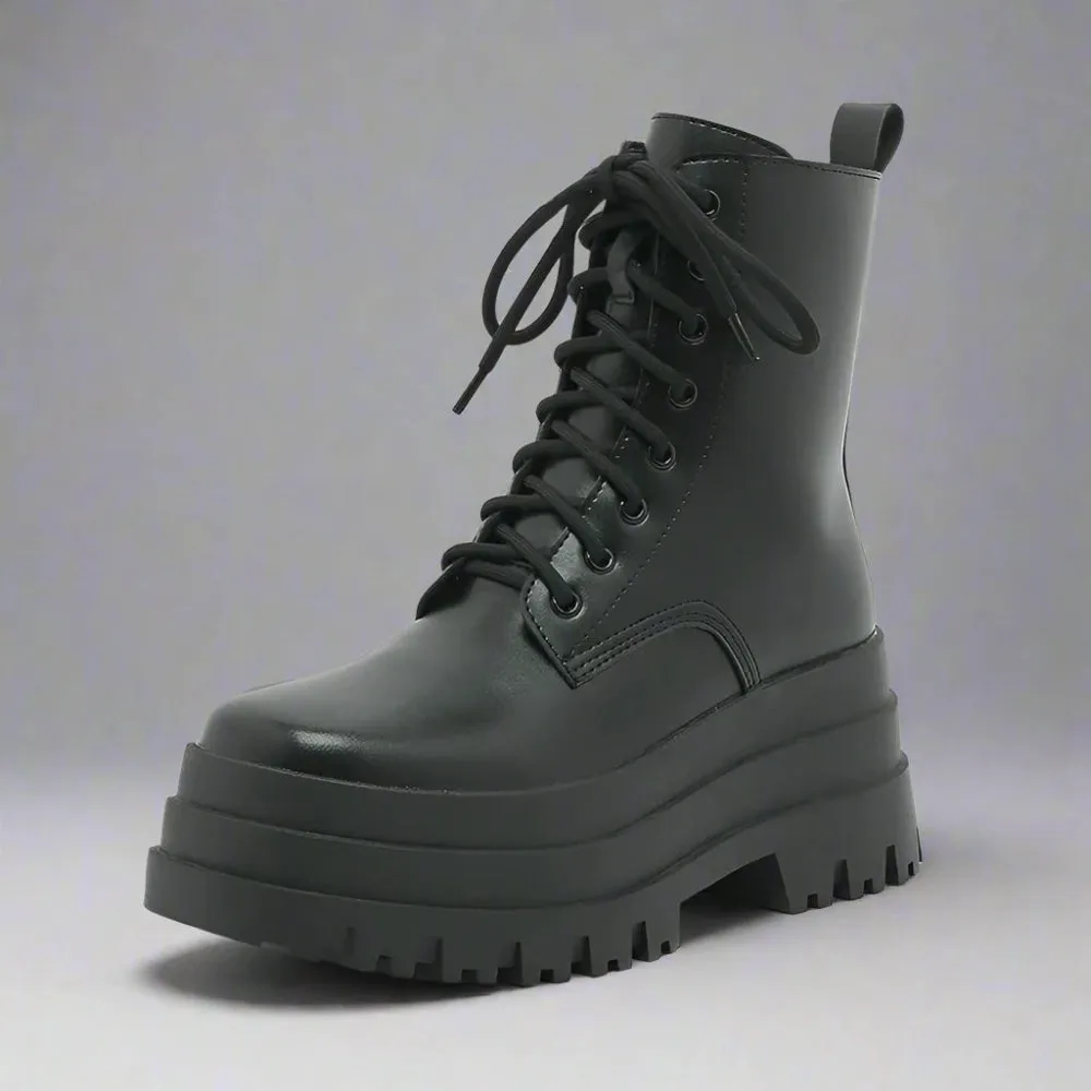 Edgy Lace-Up Combat Boots with Chunky Platform - Black