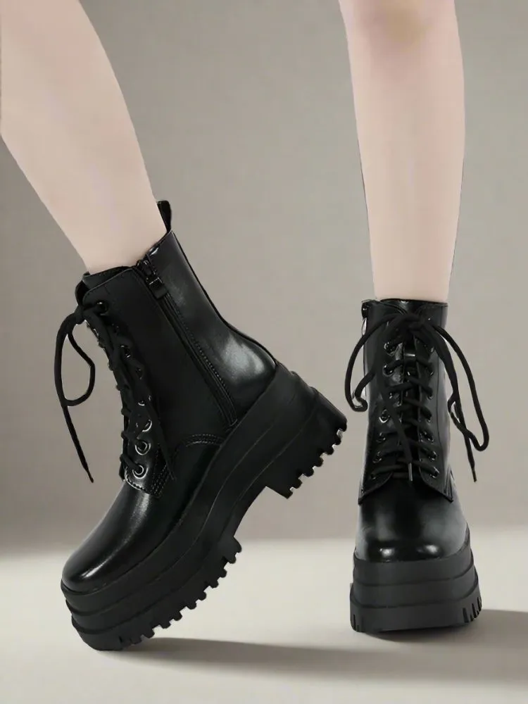Edgy Lace-Up Combat Boots with Chunky Platform - Black