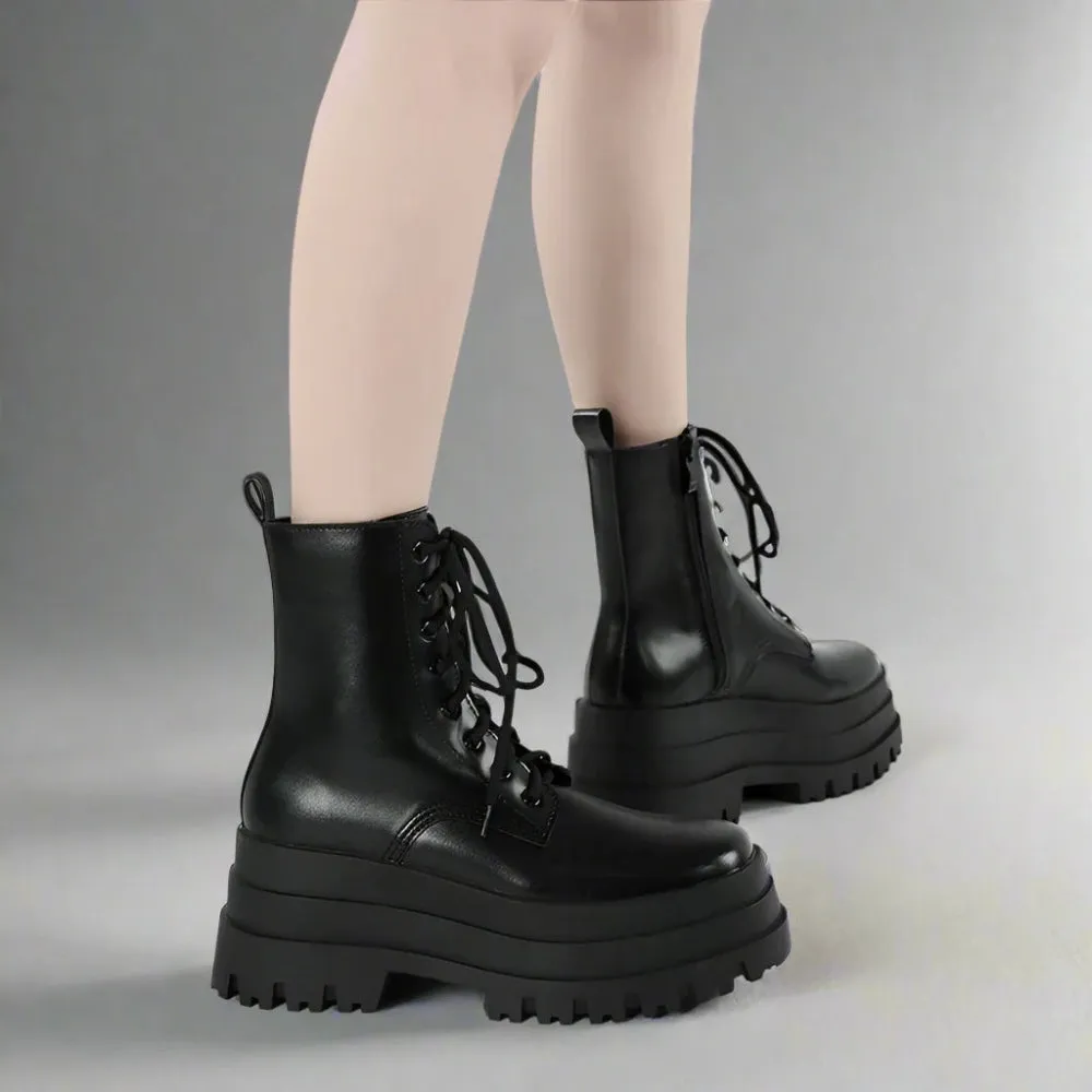 Edgy Lace-Up Combat Boots with Chunky Platform - Black