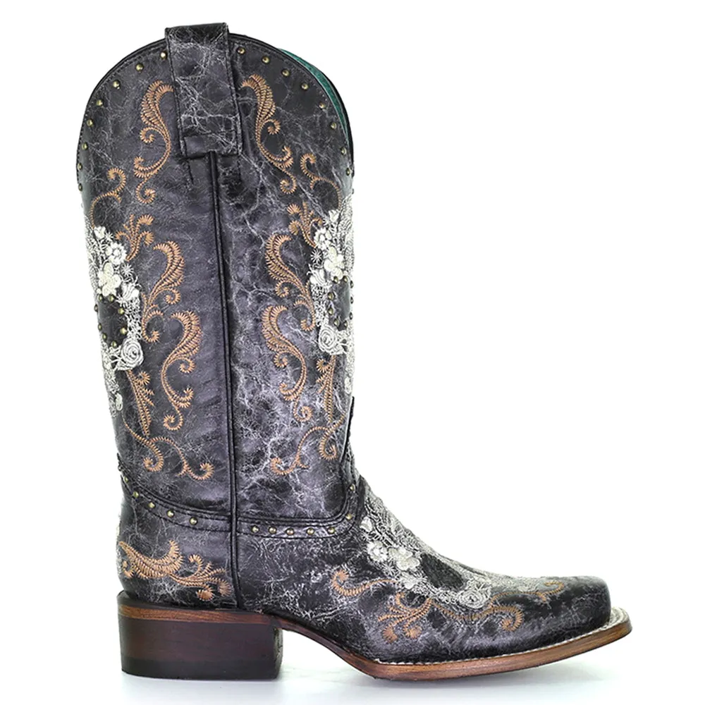 Floral Embroidered Studded Square Toe Cowboy Boots