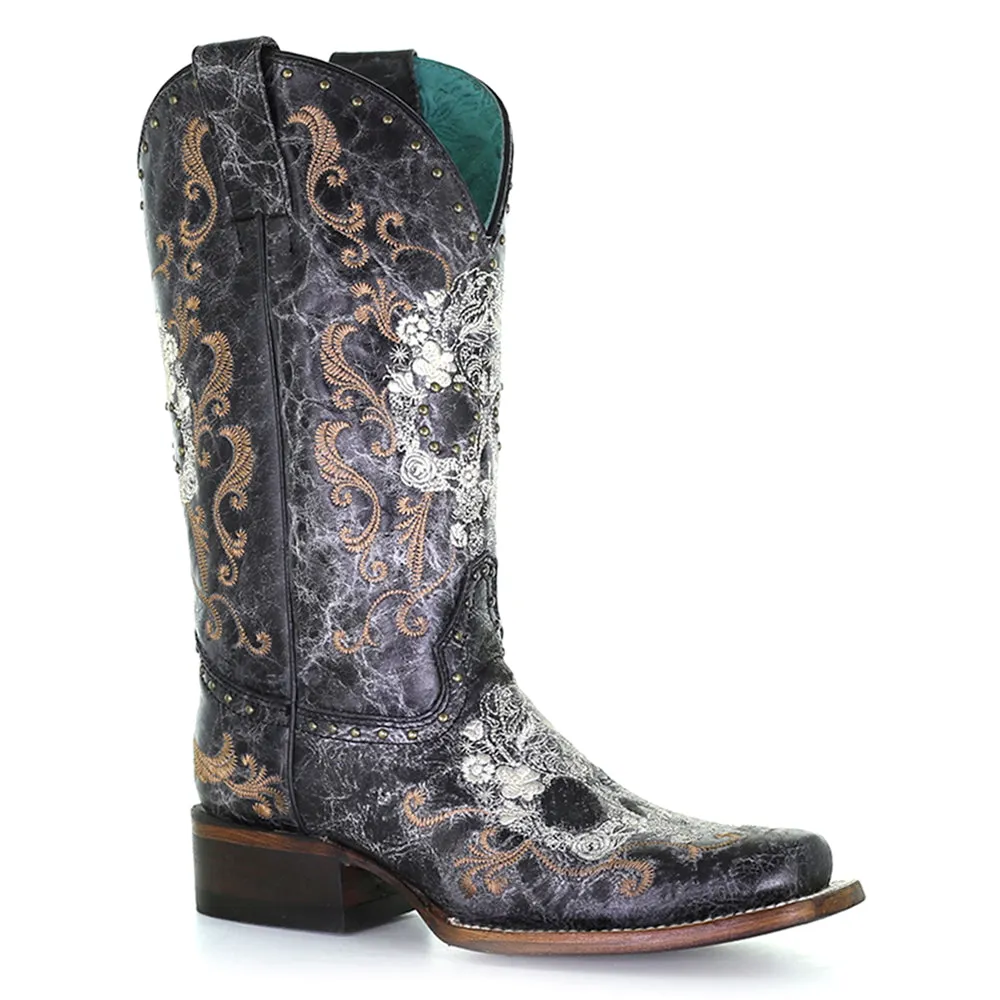 Floral Embroidered Studded Square Toe Cowboy Boots