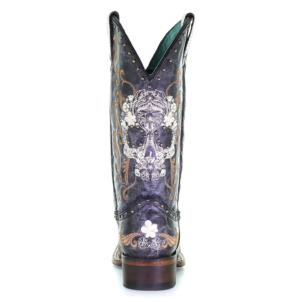 Floral Embroidered Studded Square Toe Cowboy Boots