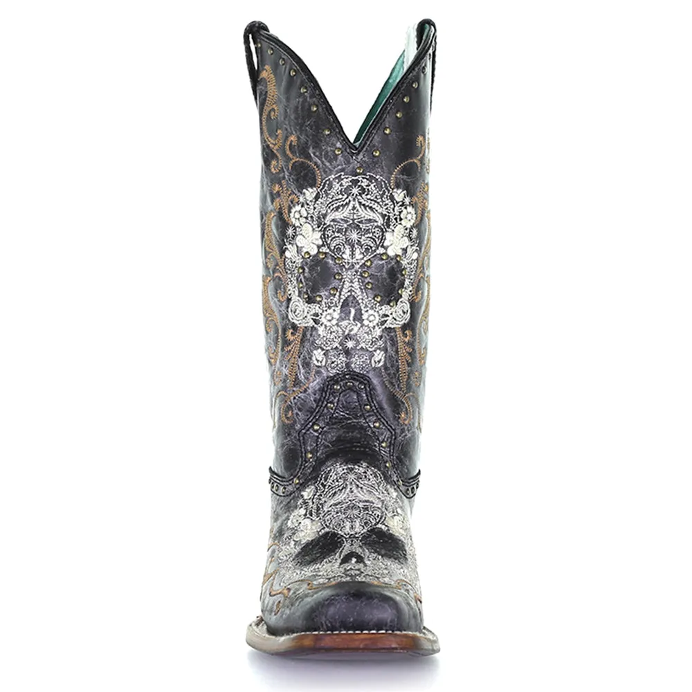 Floral Embroidered Studded Square Toe Cowboy Boots