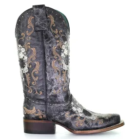 Floral Embroidered Studded Square Toe Cowboy Boots