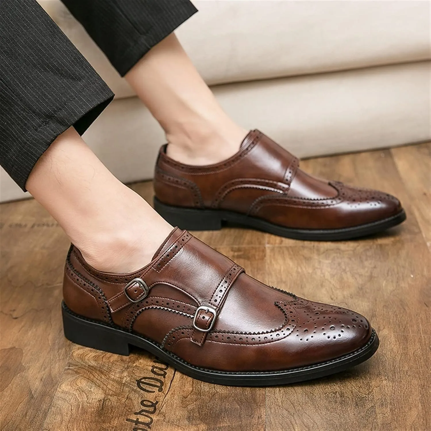 Formal Shoes for Men Slip On Double Monk Strap Brogue Embossed Wing tip Faux Leather Rubber Sole Resistant Non Slip Casual