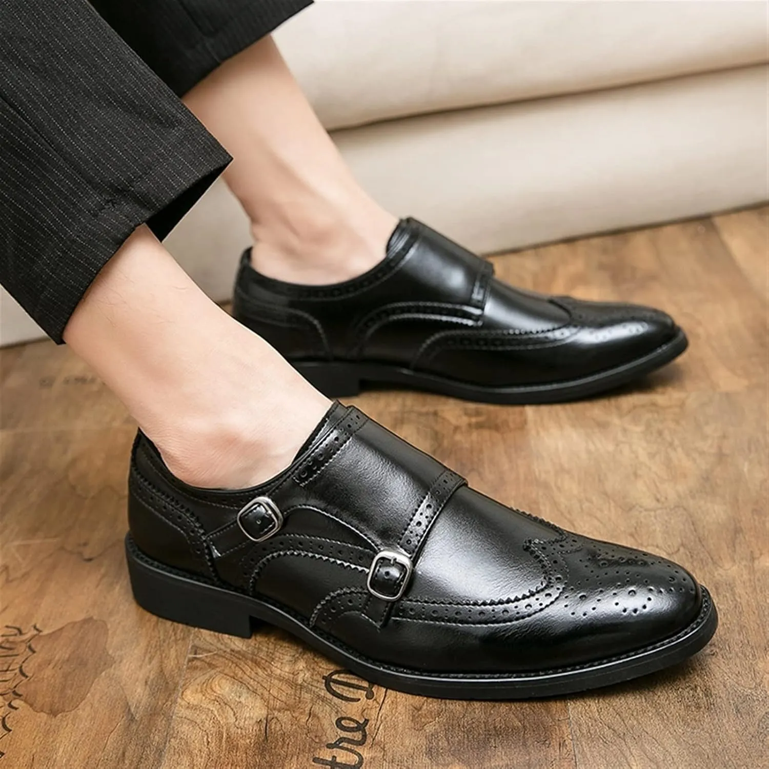 Formal Shoes for Men Slip On Double Monk Strap Brogue Embossed Wing tip Faux Leather Rubber Sole Resistant Non Slip Casual