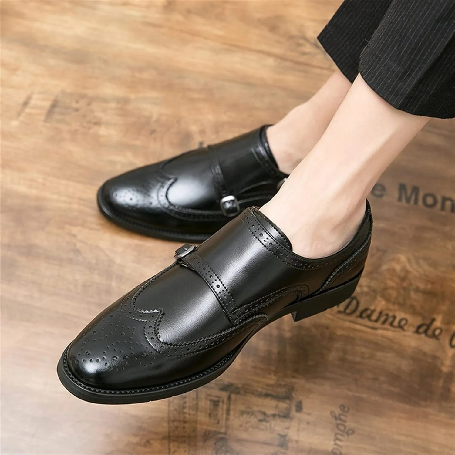 Formal Shoes for Men Slip On Double Monk Strap Brogue Embossed Wing tip Faux Leather Rubber Sole Resistant Non Slip Casual