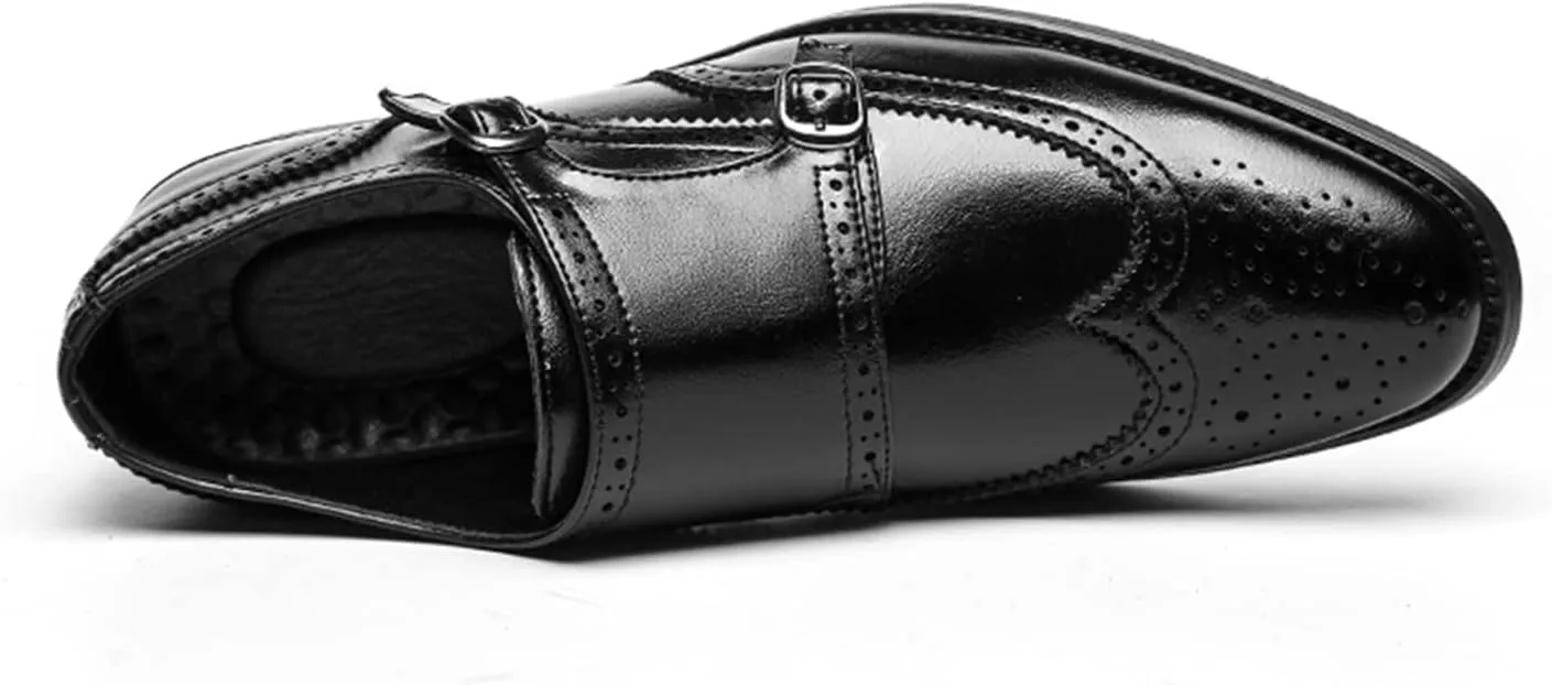 Formal Shoes for Men Slip On Double Monk Strap Brogue Embossed Wing tip Faux Leather Rubber Sole Resistant Non Slip Casual