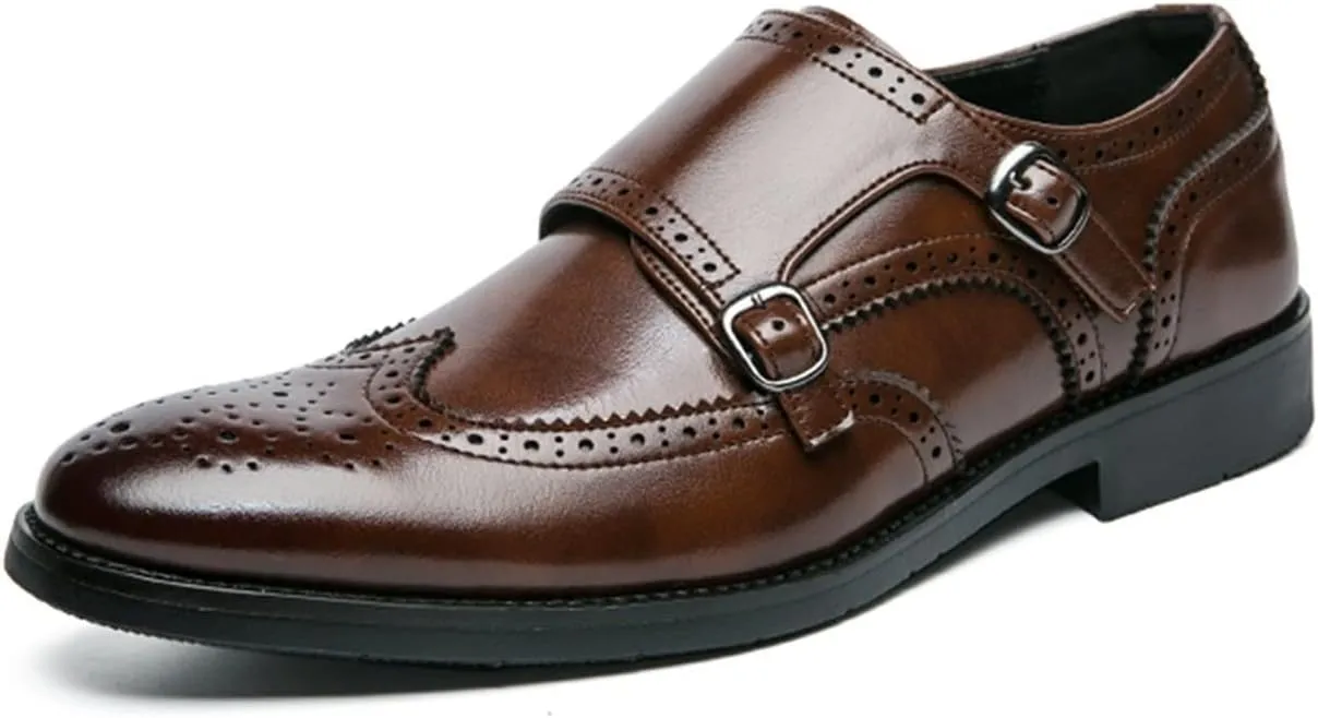 Formal Shoes for Men Slip On Double Monk Strap Brogue Embossed Wing tip Faux Leather Rubber Sole Resistant Non Slip Casual