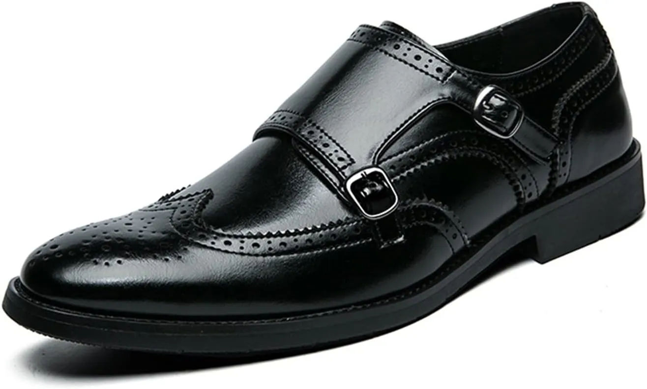 Formal Shoes for Men Slip On Double Monk Strap Brogue Embossed Wing tip Faux Leather Rubber Sole Resistant Non Slip Casual