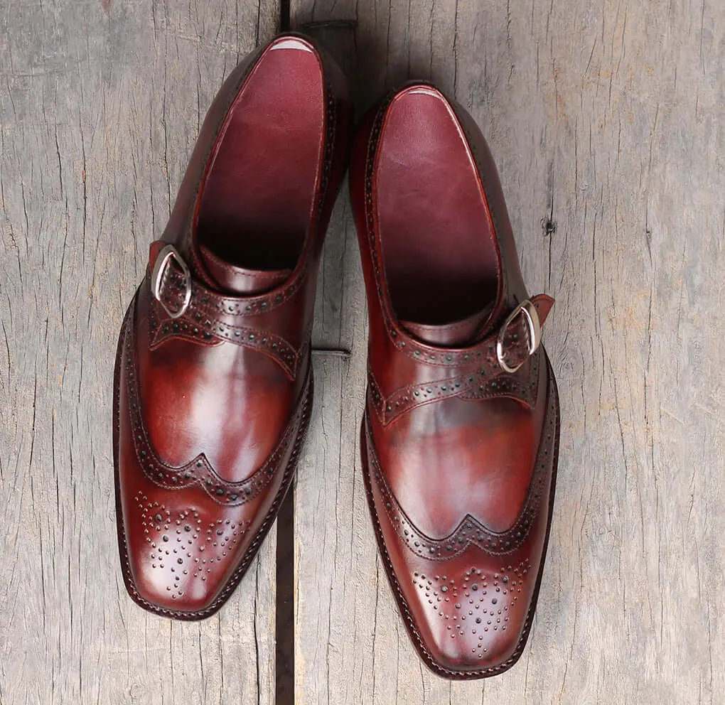 Handmade Men's Burgundy Wing Tip Brogue Goodyear Welted Leather Monk Strap Shoes, Men Designer Dress Formal Shoes