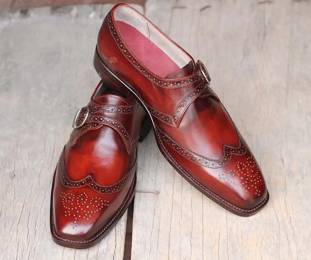 Handmade Men's Burgundy Wing Tip Brogue Goodyear Welted Leather Monk Strap Shoes, Men Designer Dress Formal Shoes