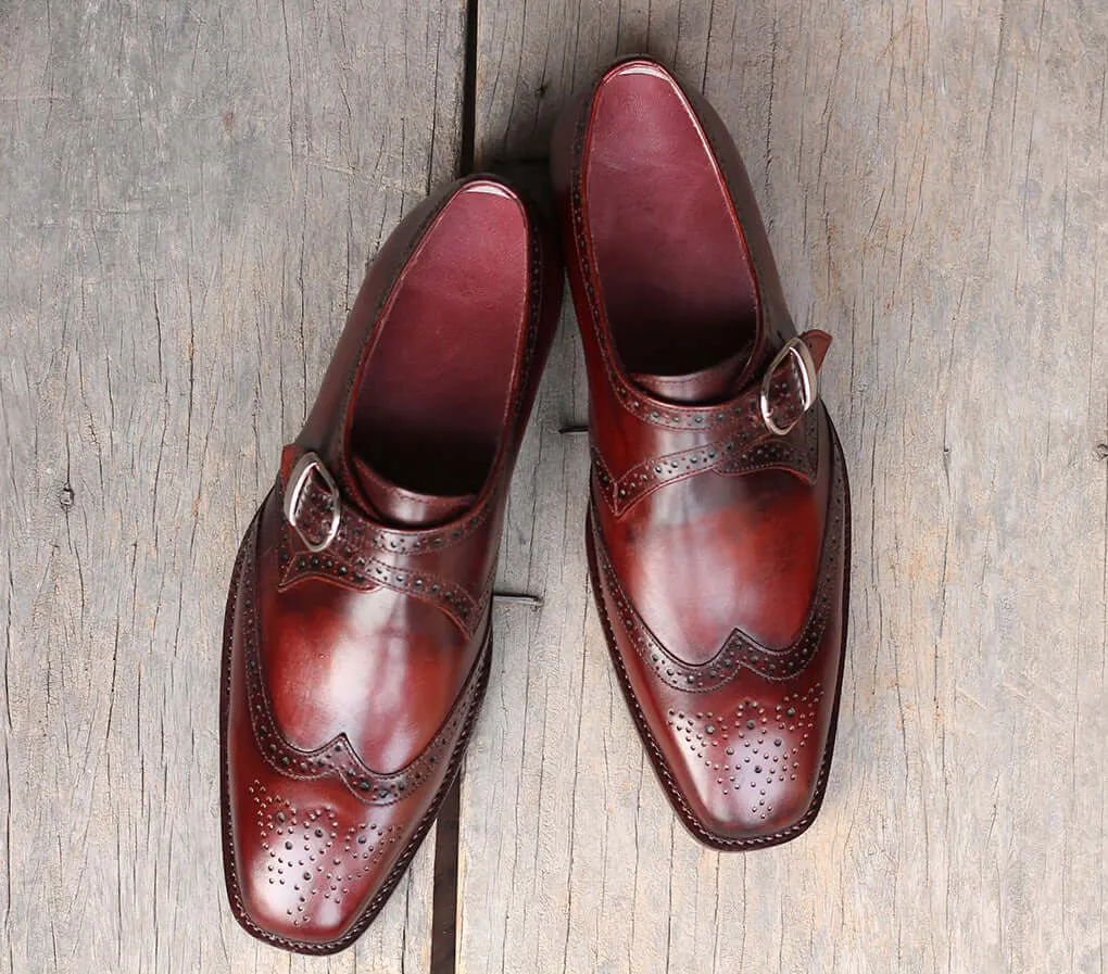 Handmade Men's Burgundy Wing Tip Brogue Goodyear Welted Leather Monk Strap Shoes, Men Designer Dress Formal Shoes