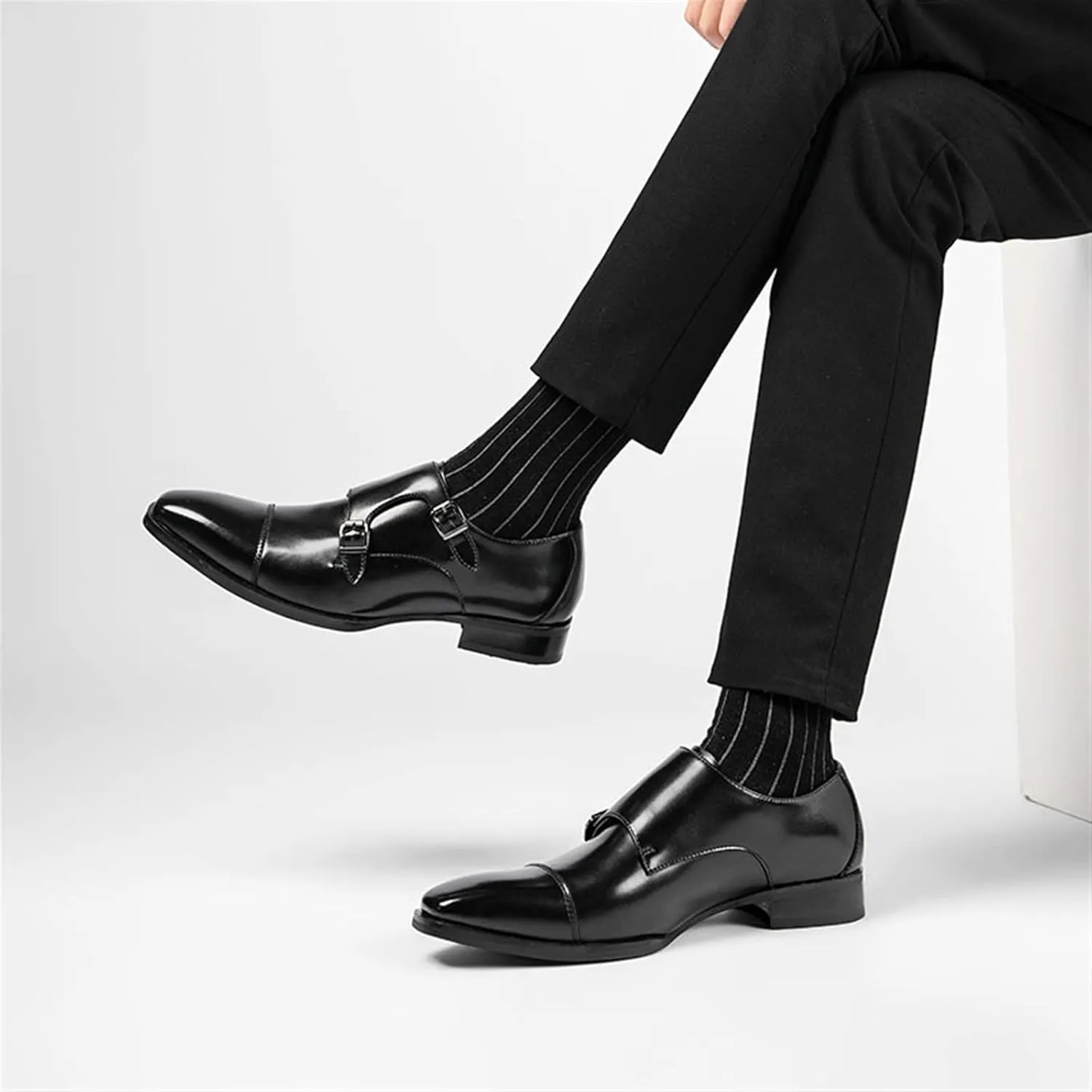 HOOENG Dress Shoes for Men Slip on Double Monk Strap Burnished Toe Cap Toe Leather Rubber Sole Anti-Slip Slip Resistant Casual