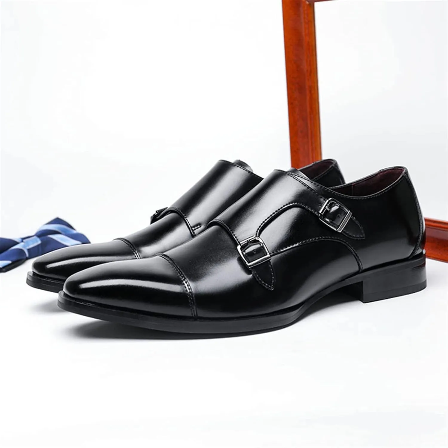 HOOENG Dress Shoes for Men Slip on Double Monk Strap Burnished Toe Cap Toe Leather Rubber Sole Anti-Slip Slip Resistant Casual
