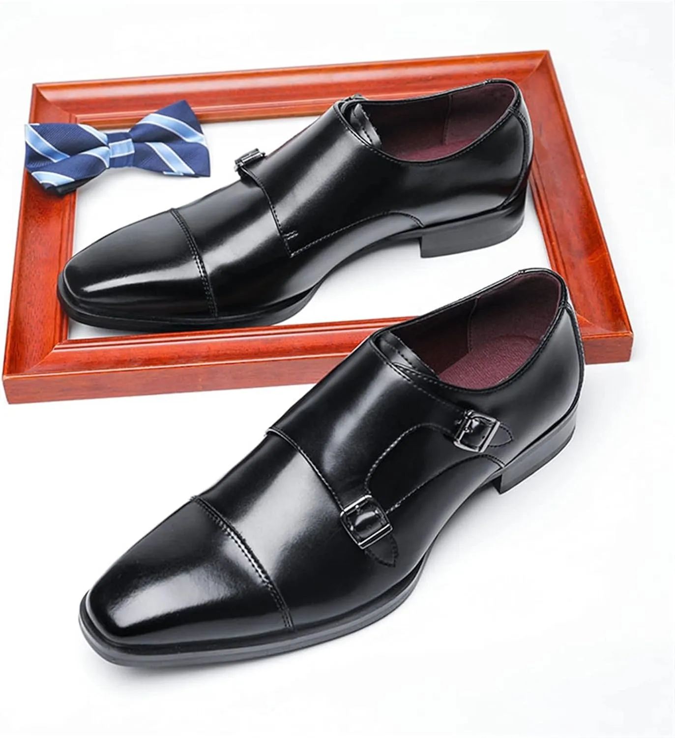 HOOENG Dress Shoes for Men Slip on Double Monk Strap Burnished Toe Cap Toe Leather Rubber Sole Anti-Slip Slip Resistant Casual