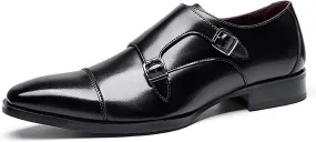 HOOENG Dress Shoes for Men Slip on Double Monk Strap Burnished Toe Cap Toe Leather Rubber Sole Anti-Slip Slip Resistant Casual