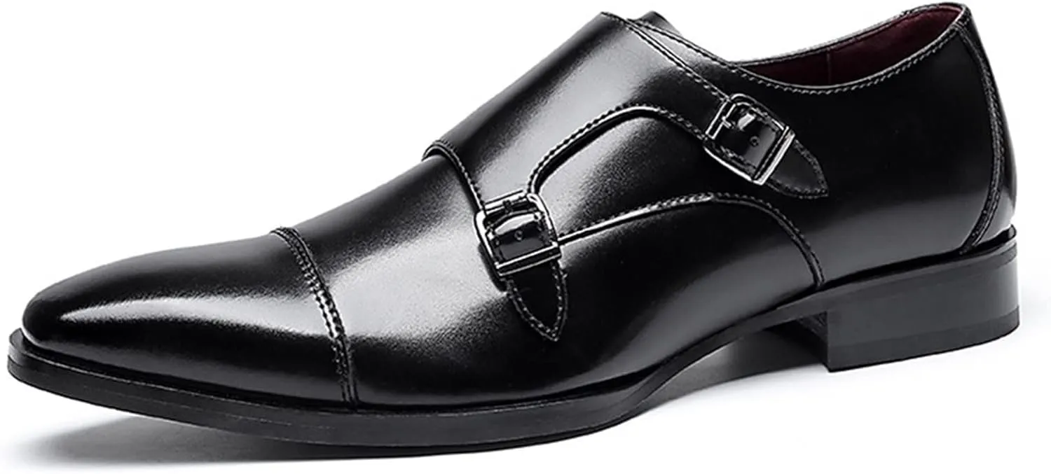 HOOENG Dress Shoes for Men Slip on Double Monk Strap Burnished Toe Cap Toe Leather Rubber Sole Anti-Slip Slip Resistant Casual